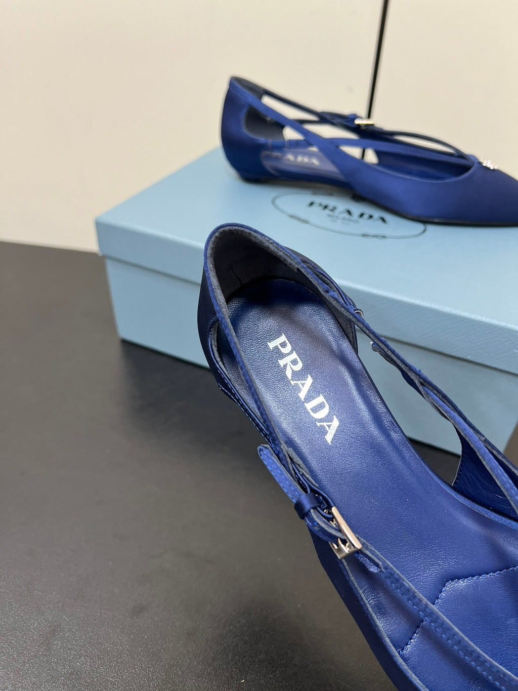 CUT-OUT BALLERINA FLAT IN NAVY BLUE SATIN ATTACHED BEAD BUCKLE