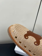 Celine 25 Straw Rivet Birkenstock Slippers Beige Brown Raffia woven Sheepskin