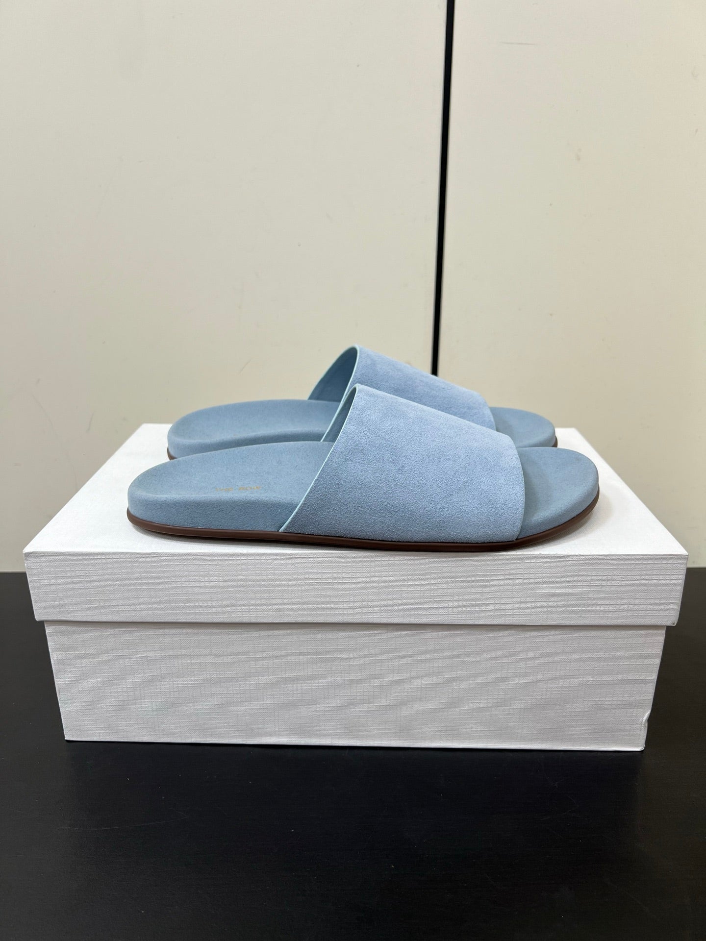The Row Slippers In Baby Blue Suede 340021