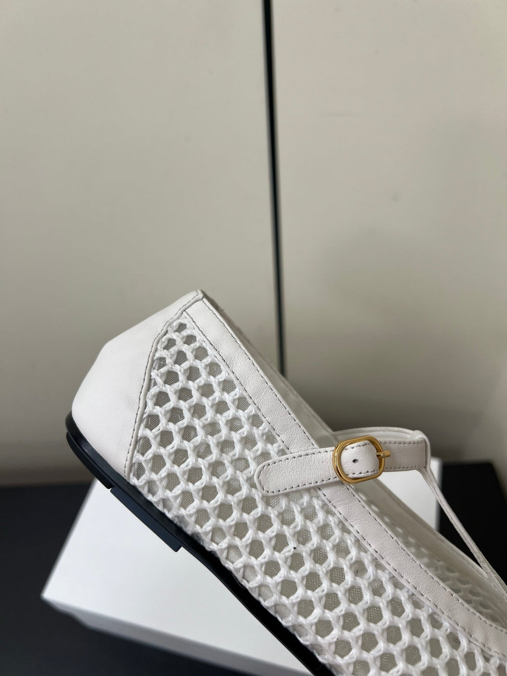 The Row 25ss Square T-Strap Flat White Mesh Cowhide 340040