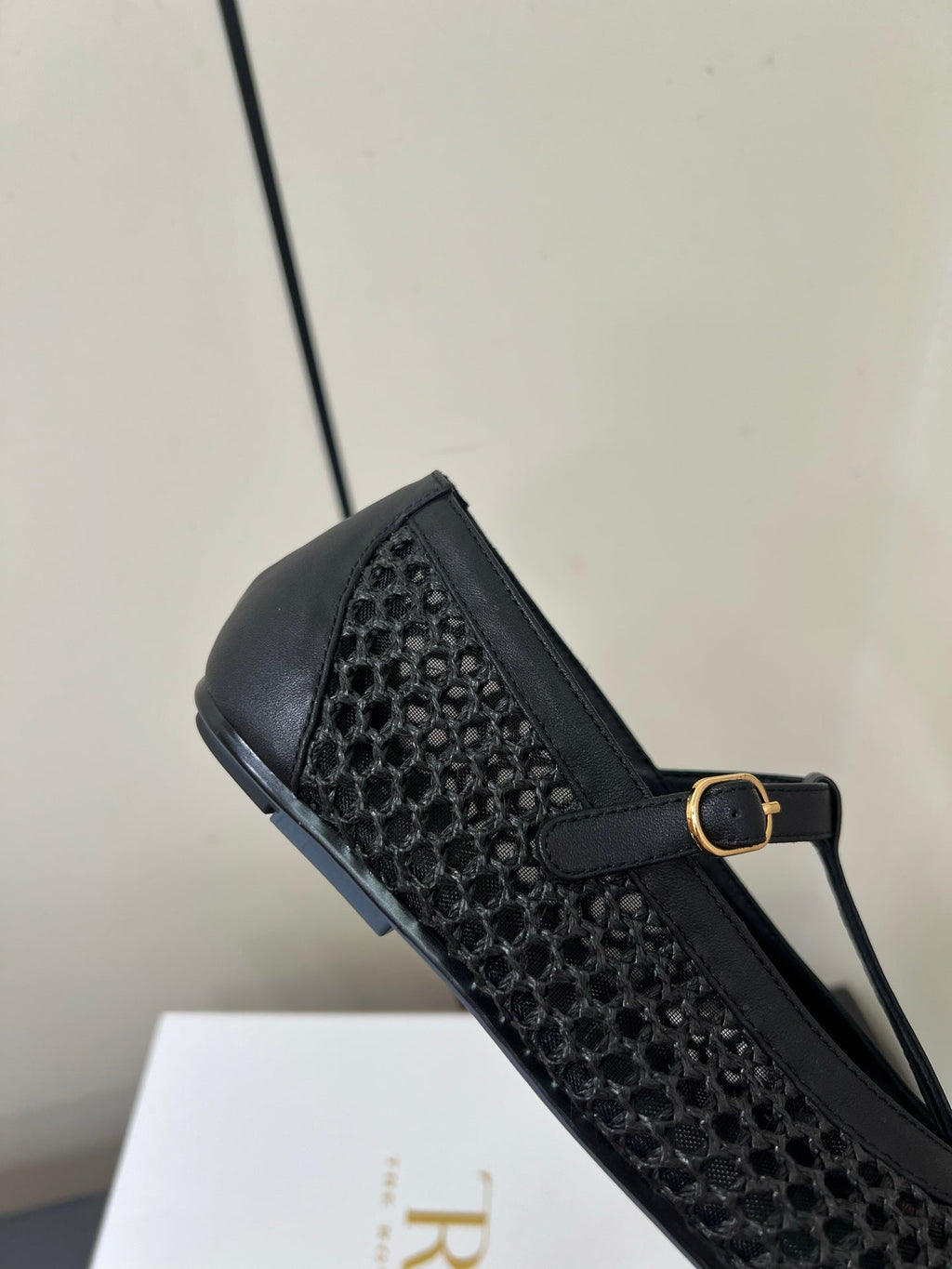 The Row 25ss Square T-Strap Flat Black Mesh Cowhide 340041
