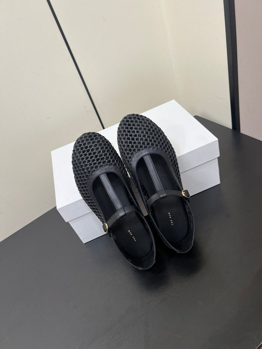 The Row 25ss Square T-Strap Flat Black Mesh Cowhide 340041