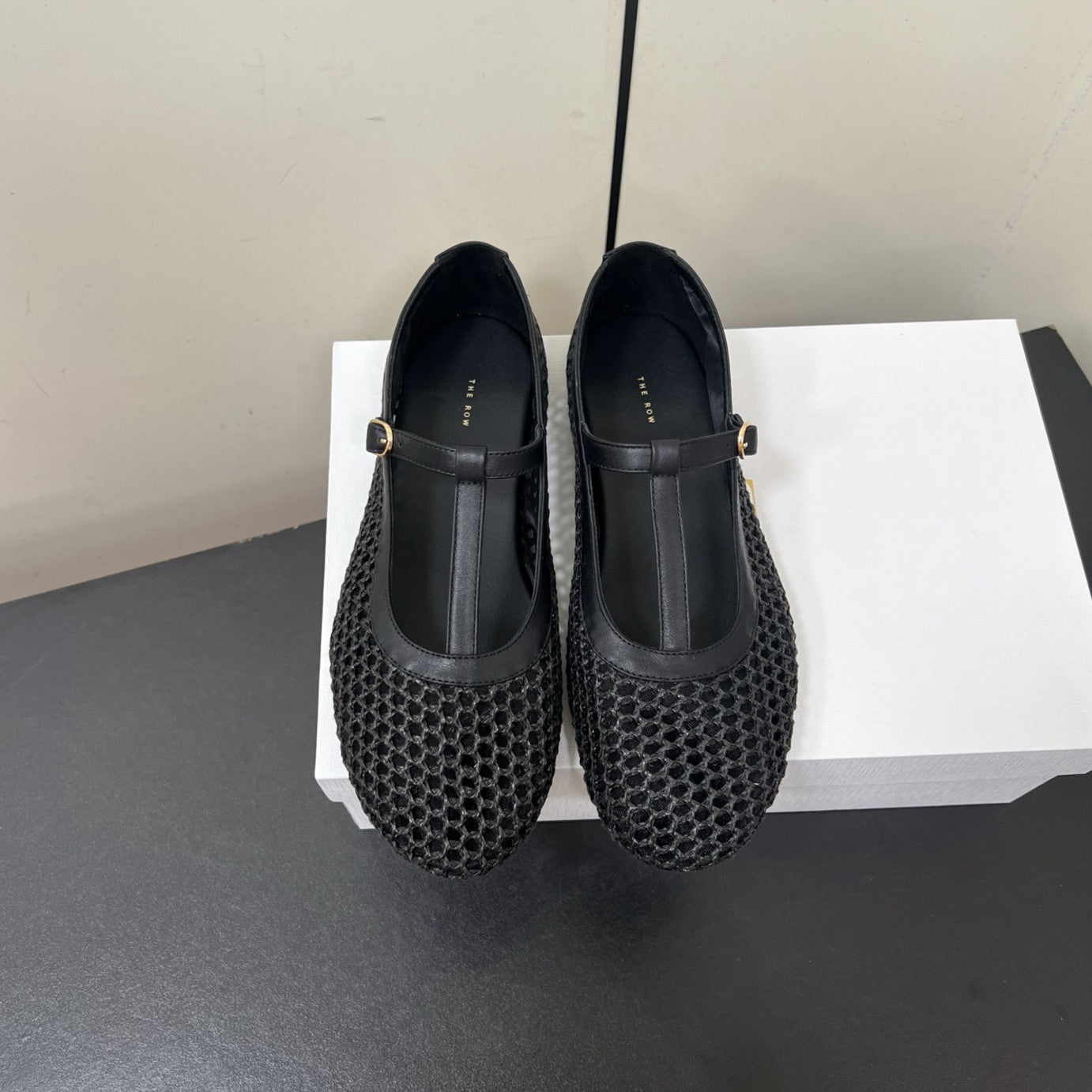 The Row 25ss Square T-Strap Flat Black Mesh Cowhide 340041