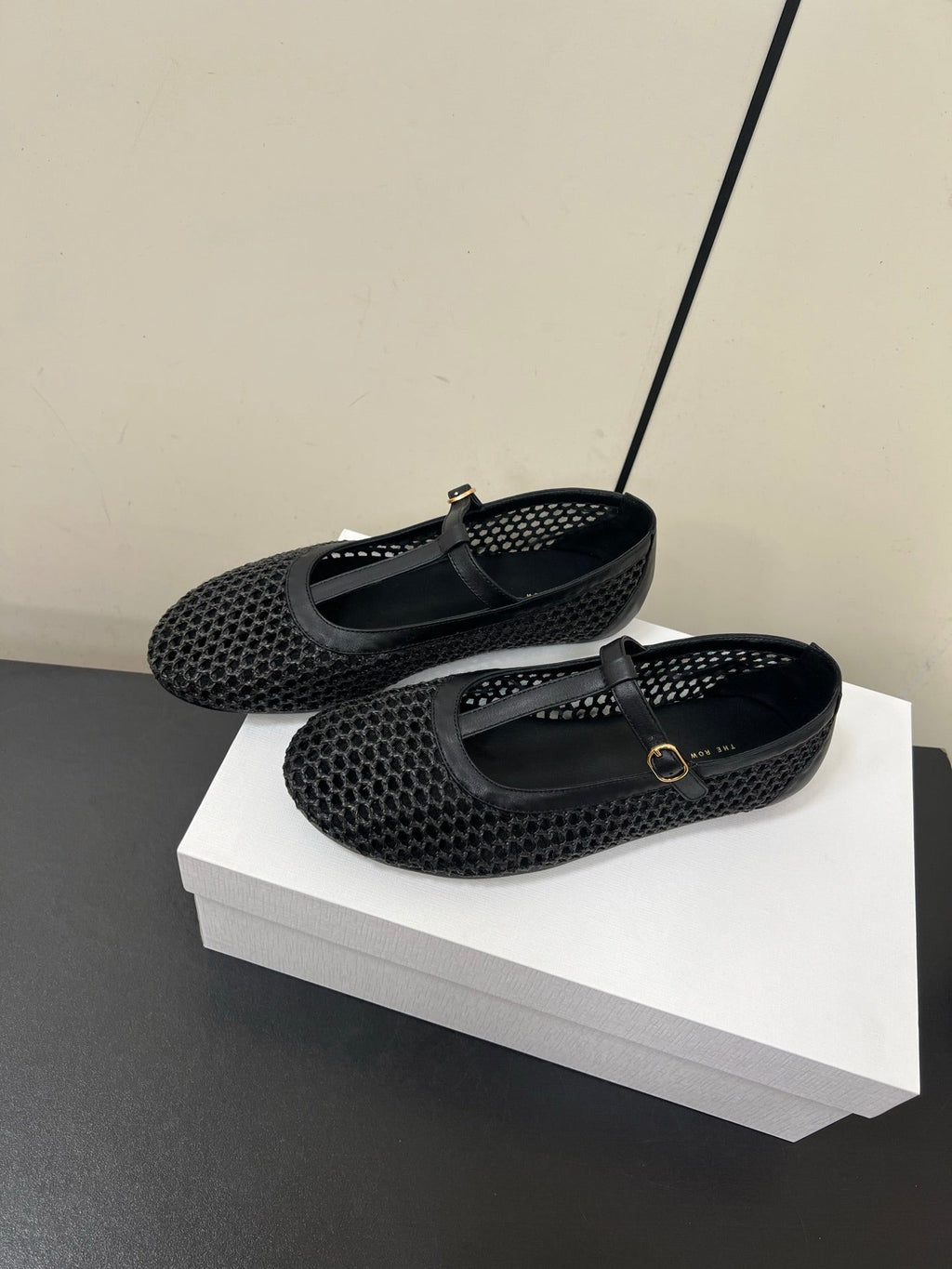 The Row 25ss Square T-Strap Flat Black Mesh Cowhide 340041