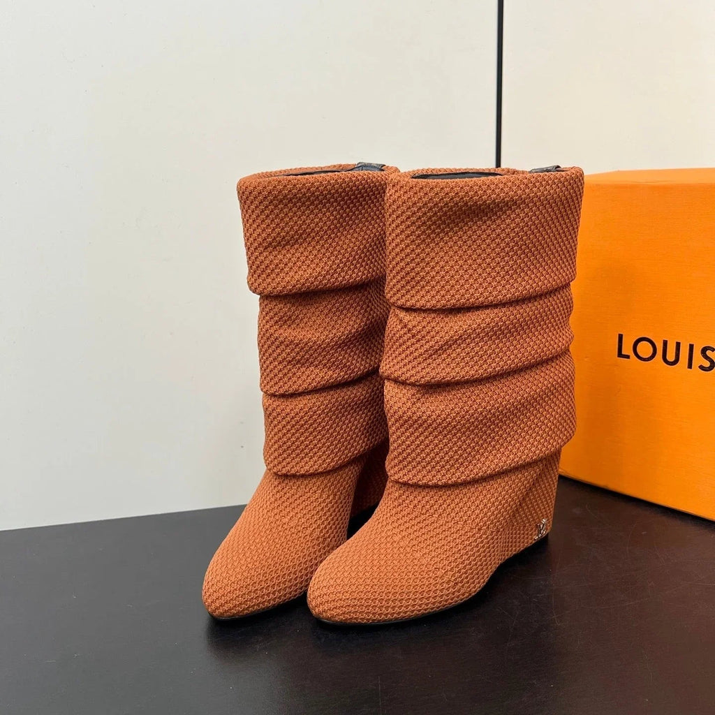 LV 26s Mid-Calf Boots 110 Camel Brown Knit Fabric 619401