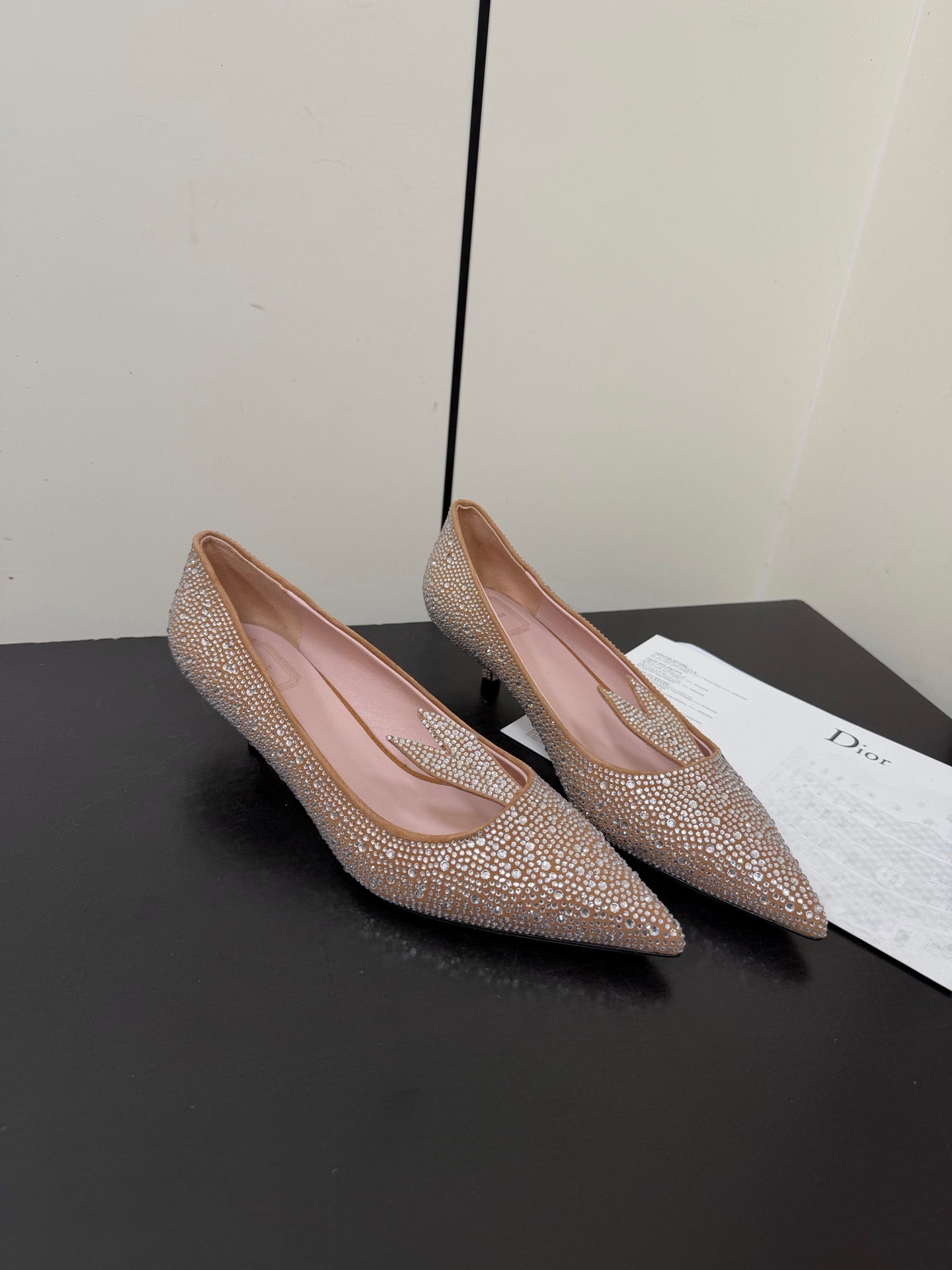 CD Heel Pointed Toe Rhinestone Slingback 3.5 Gold Suede 619566