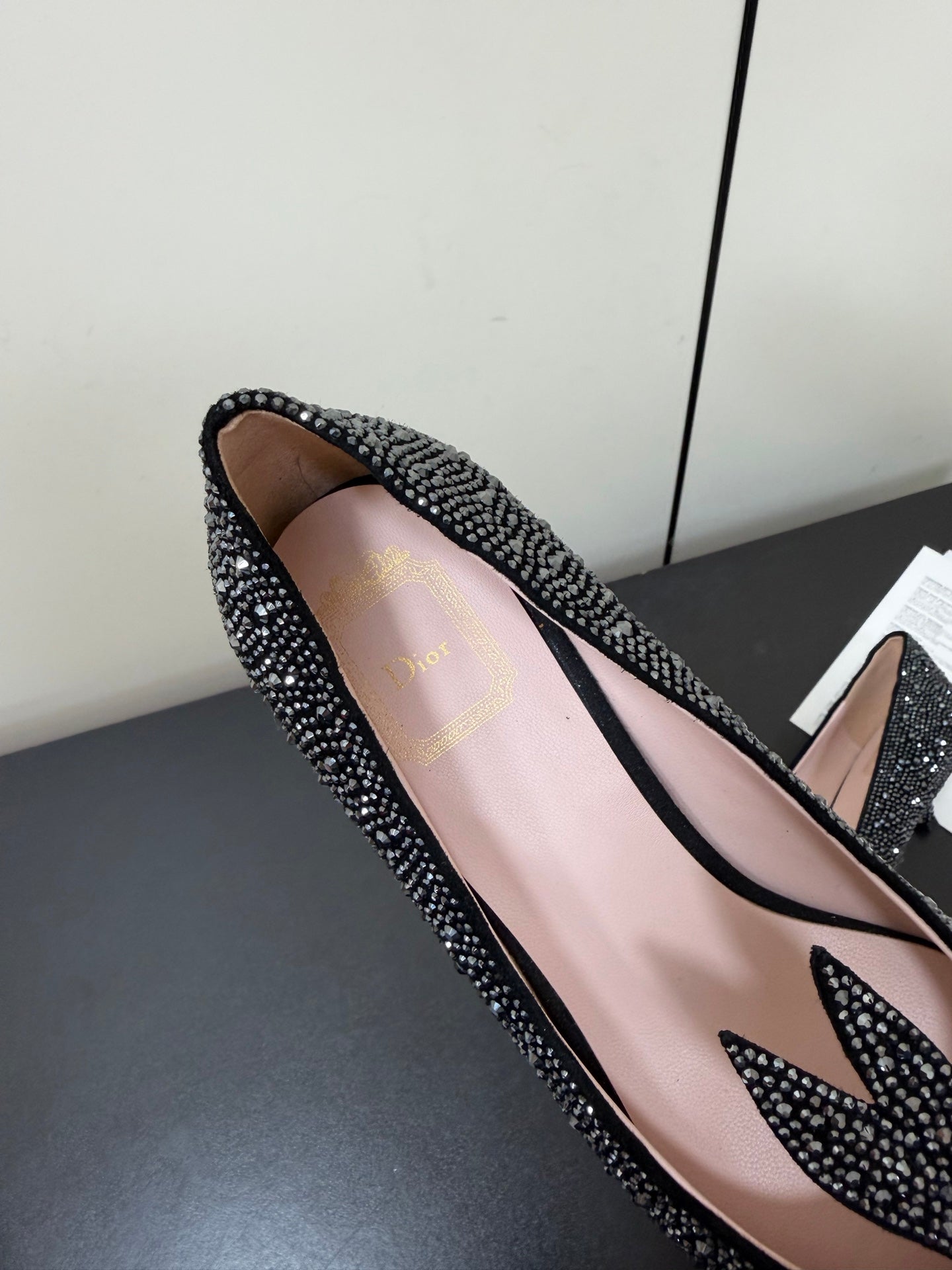 CD Heel Pointed Toe Rhinestone Slingback 3.5 Black Suede 619567