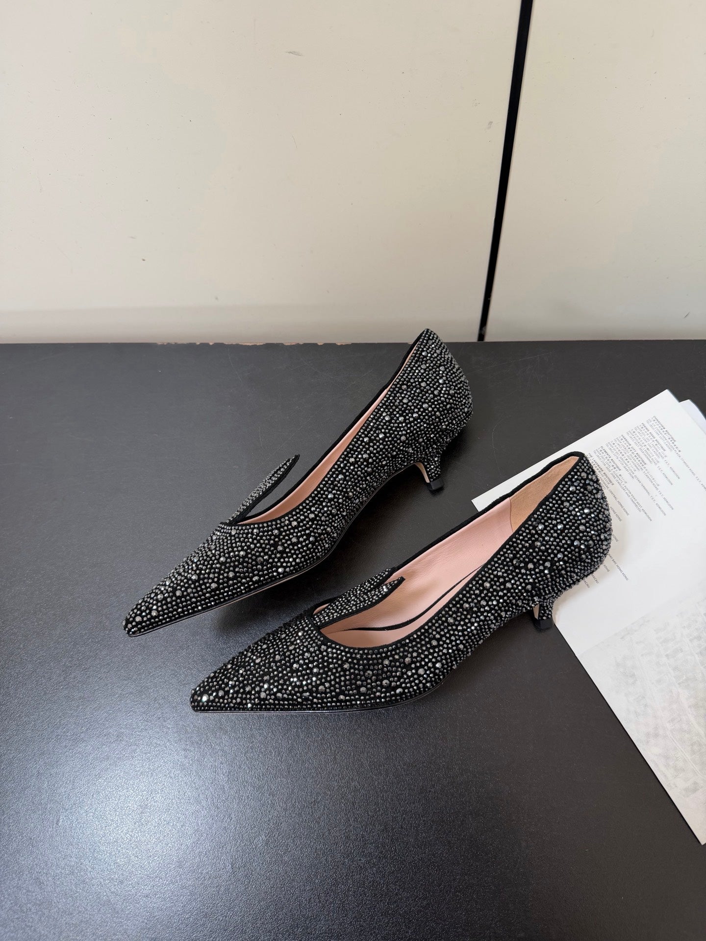 CD Heel Pointed Toe Rhinestone Slingback 3.5 Black Suede 619567