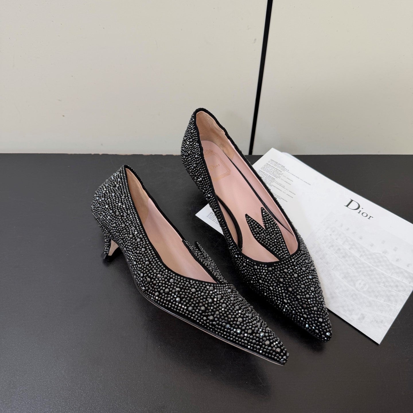 CD Heel Pointed Toe Rhinestone Slingback 3.5 Black Suede 619567