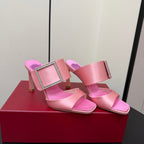 RV Trompette Sandals 8.5cm Black Pink Satin 619599