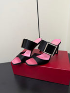 RV Trompette Sandals 8.5cm Black Pink Satin 619600