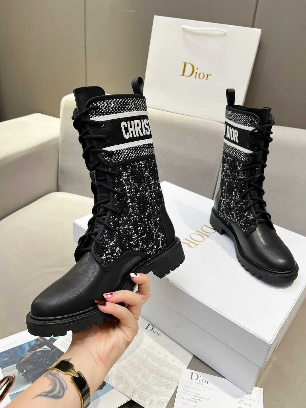 CD D-Major Ankle Boot In Black Mix White Tweed And Lambskin 107725
