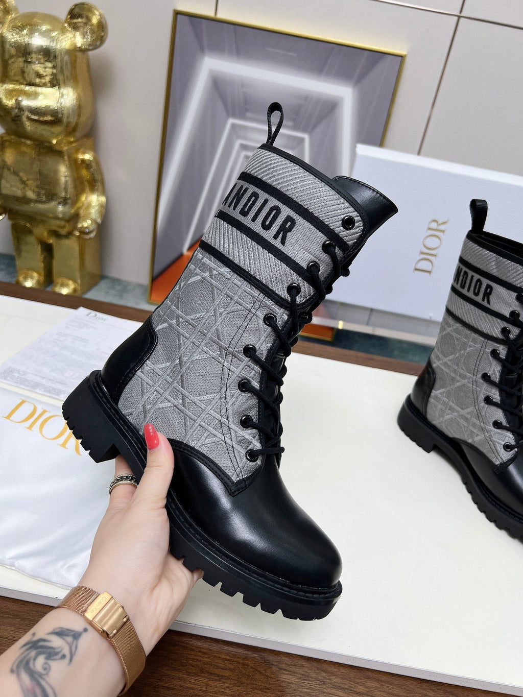 CD D-Major Ankle Boot In Grey Mix Black Denim Fabric And Lambskin 107724