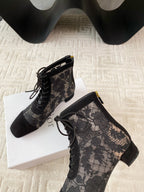 CD Naughtily-D Heeled Ankle Boot Black Transparent Mesh Roses Embroidery And Suede
