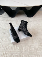 CD Naughtily-D Heeled Ankle Boot Black Transparent Mesh Roses Embroidery And Suede
