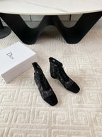 CD Naughtily-D Heeled Ankle Boot Black Transparent Mesh Roses Embroidery And Suede
