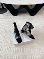 CD Naughtily-D Heeled Ankle Boot Black Mix Yellow Blue Transparent Mesh Butterfly And Suede