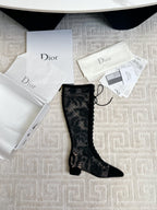 CD Naughtily-D Heeled High Boots Black Transparent Mesh Roses Embroidery And Suede