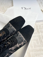 CD Naughtily-D Heeled High Boots Black Transparent Mesh Roses Embroidery And Suede