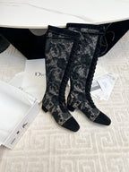 CD Naughtily-D Heeled High Boots Black Transparent Mesh Roses Embroidery And Suede