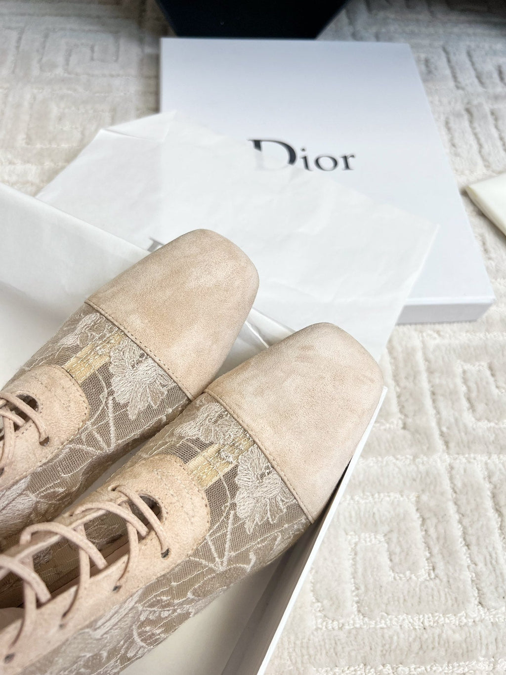 CD Naughtily-D Heeled High Boots Beige Transparent Mesh Roses Embroidery And Suede