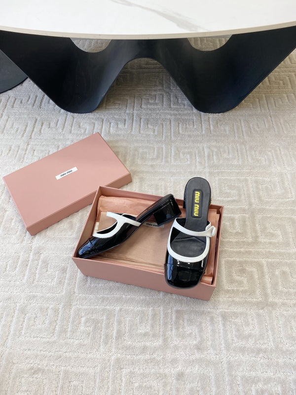 Miu Mary Jane Mule Pumps In Black Glossy Sheepskin