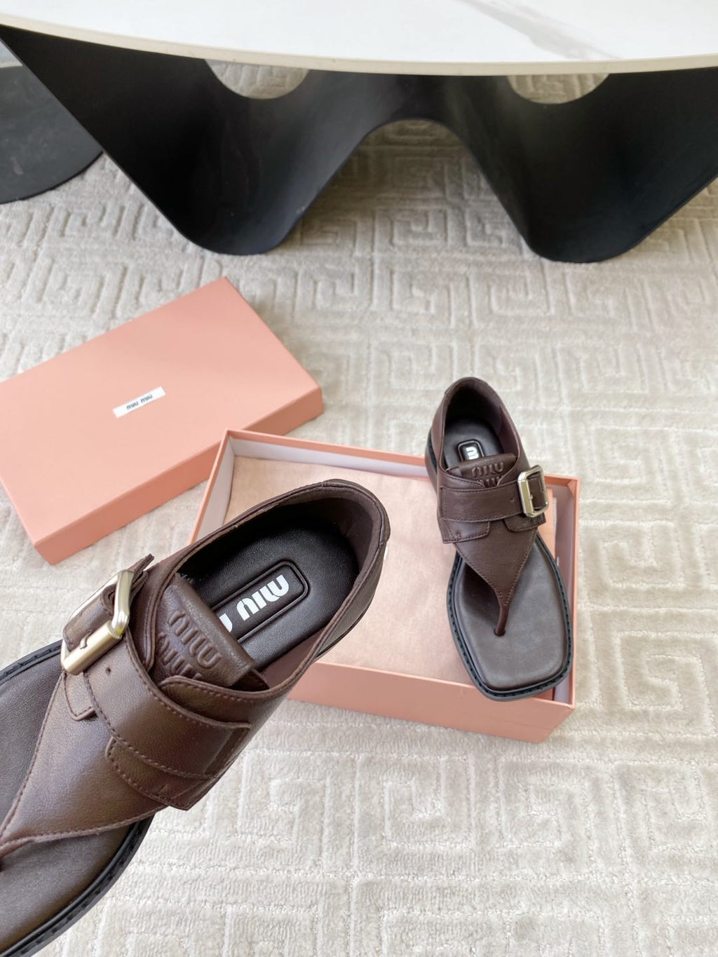 Miu Thong Sandals In Espresso Brown Lambskin With Silver Buckle