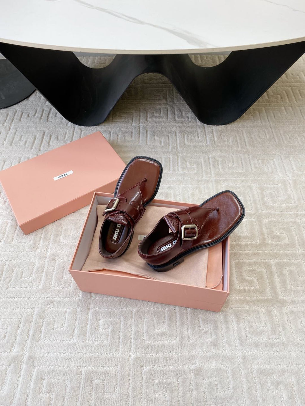 Miu Thong Sandals In Sienna Brown Shiny Lambskin With Silver Buckle