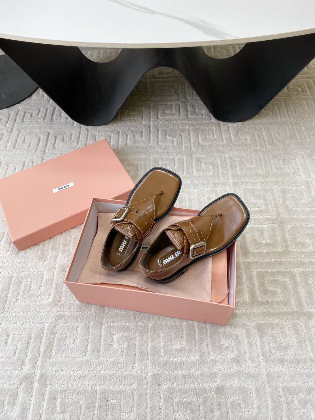Miu Thong Sandals In Russet Brown Shiny Lambskin With Silver Buckle