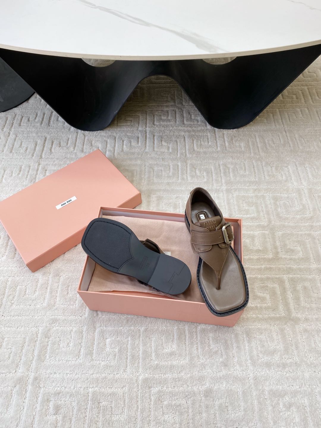 Miu Thong Sandals In Coffee Brown Lambskin With Silver Buckle