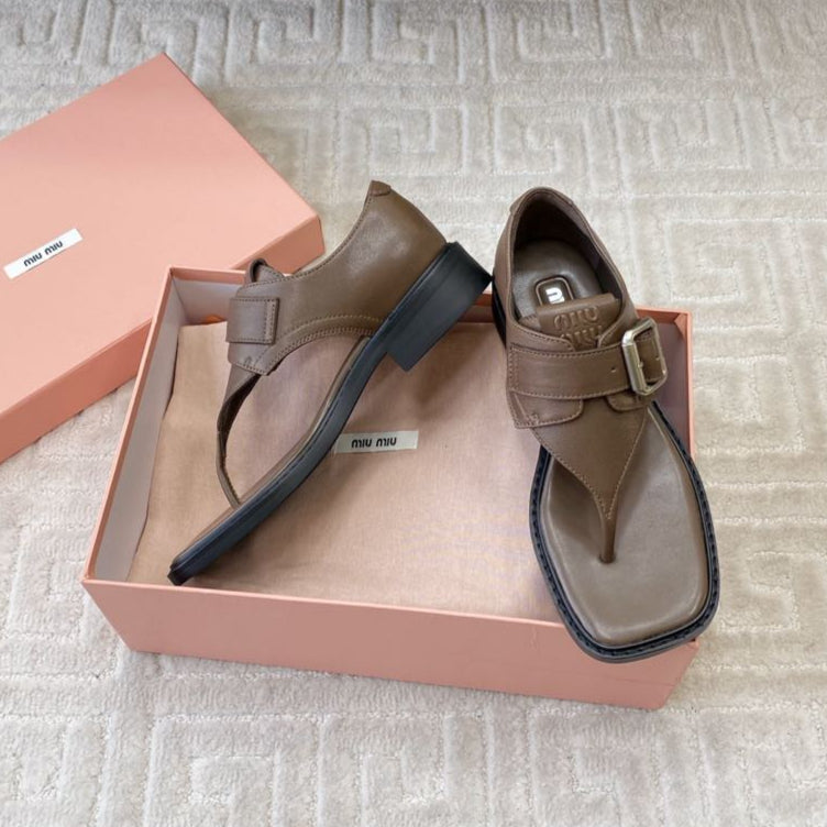 Miu Thong Sandals In Coffee Brown Lambskin With Silver Buckle