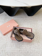 Miu Thong Sandals In Coffee Brown Lambskin With Silver Buckle