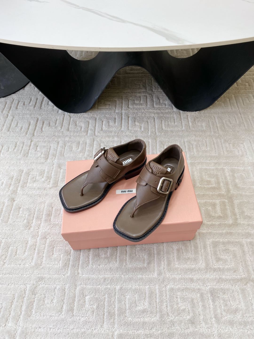 Miu Thong Sandals In Coffee Brown Lambskin With Silver Buckle