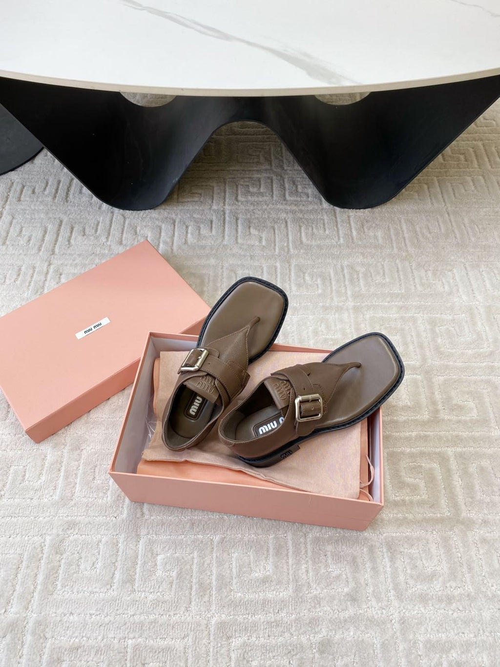 Miu Thong Sandals In Coffee Brown Lambskin With Silver Buckle