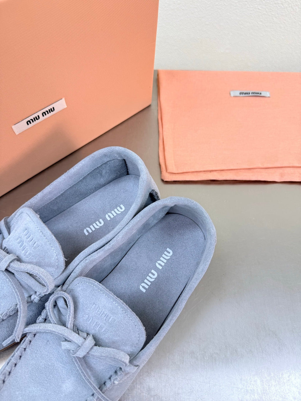 Miu Logo Loafer Light Blue Suede 693516