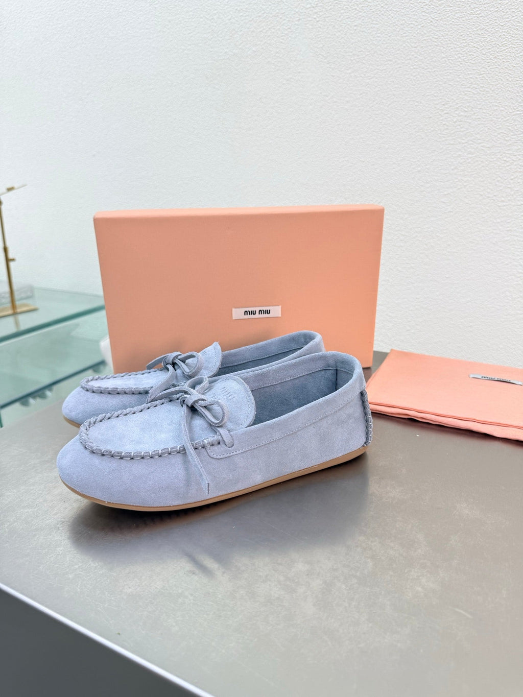 Miu Logo Loafer Light Blue Suede 693516