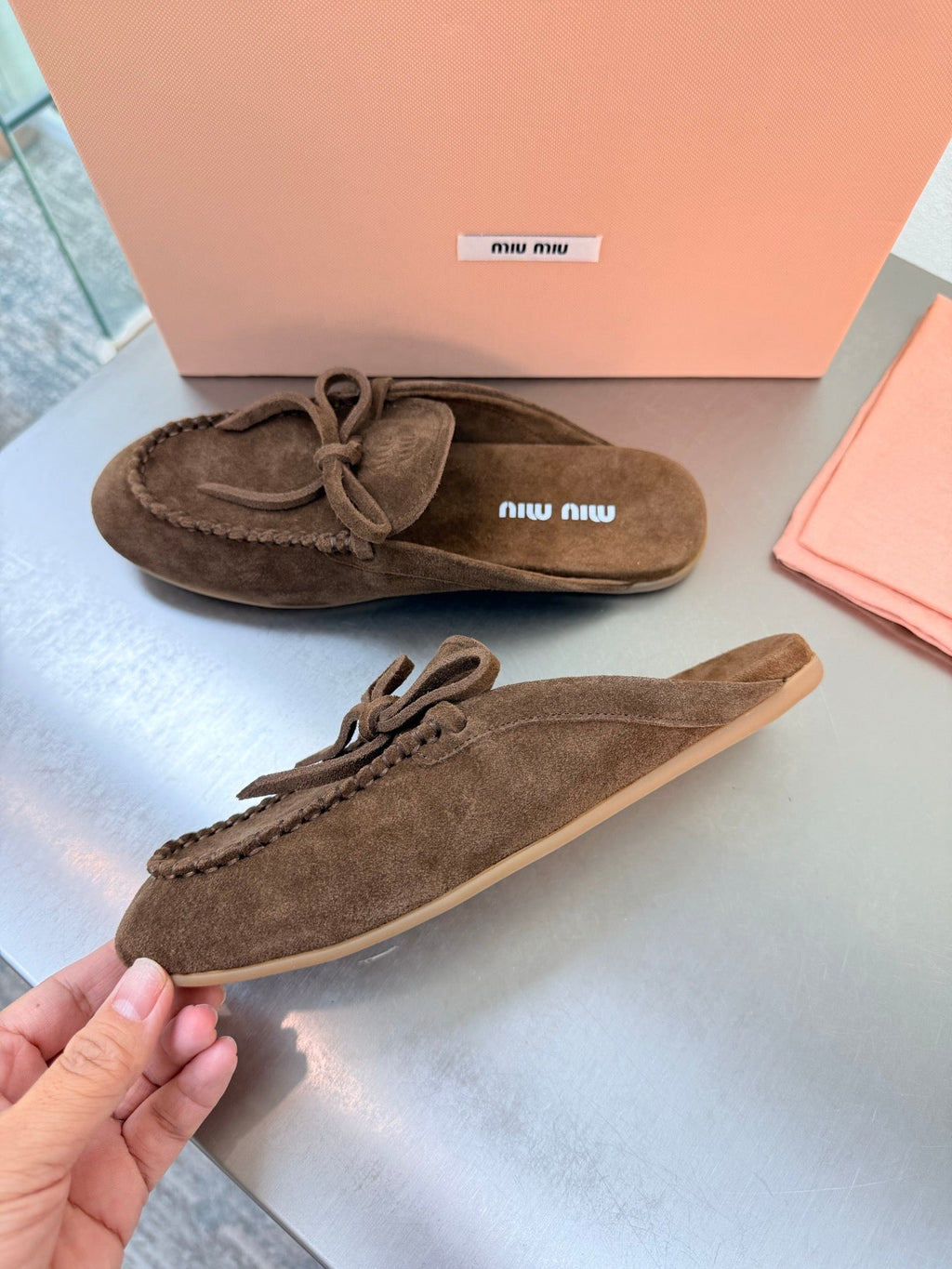 Miu Logo Mule Coffee Suede 693520