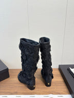 CC 25b Camellia Flower Long Boots 40mm Black Mesh & Frabic 429750