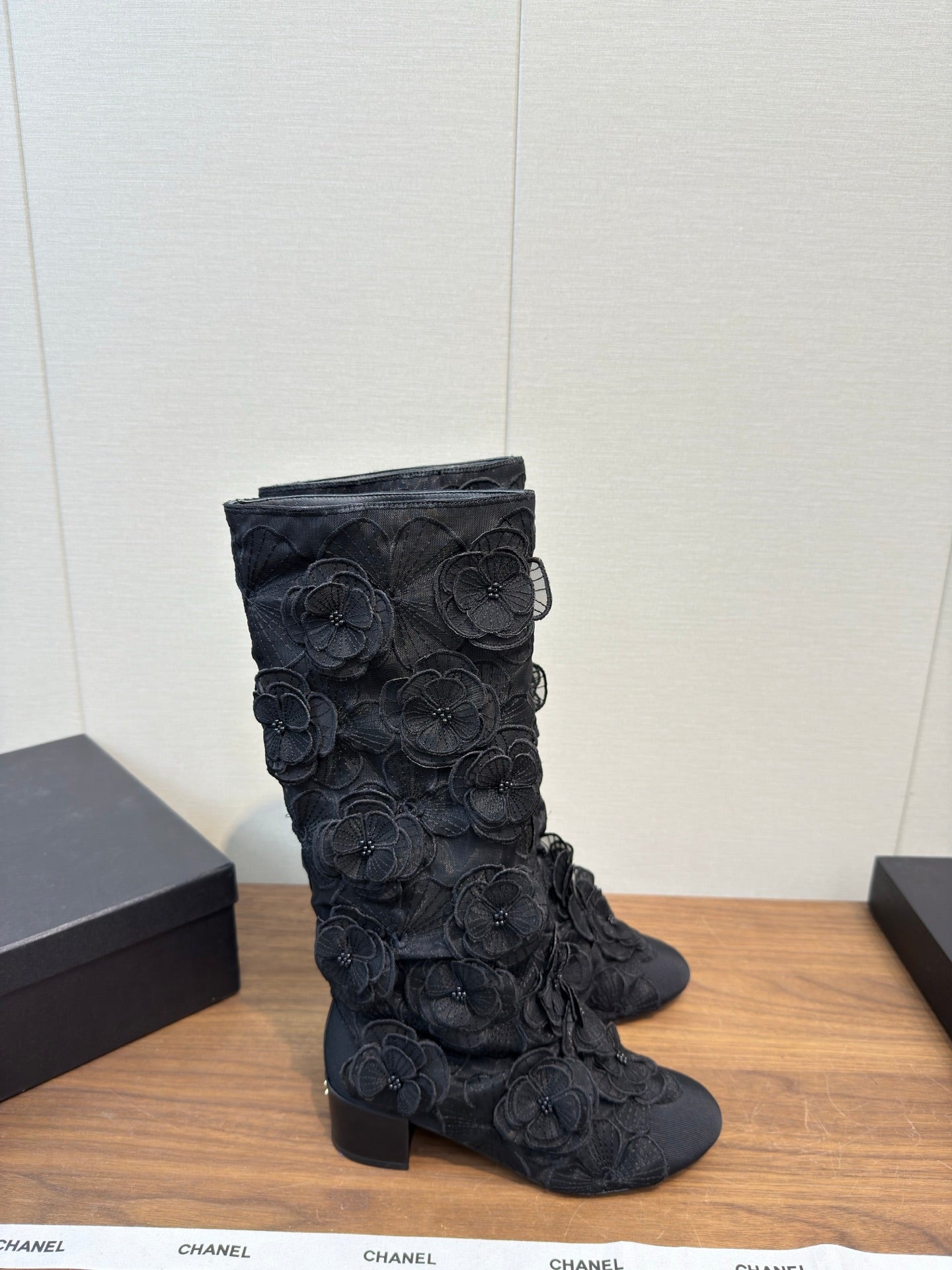 CC 25b Camellia Flower Long Boots 40mm Black Mesh & Frabic 429750