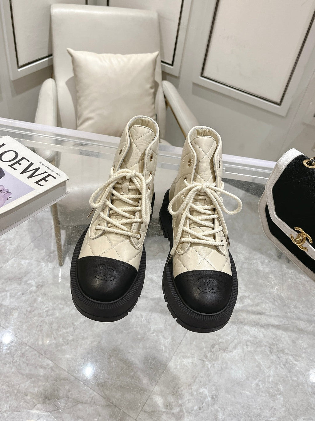 CC Combat Boots 50mm In Ivory White Mix Black Quilted Cowhide And Lambskin 944662