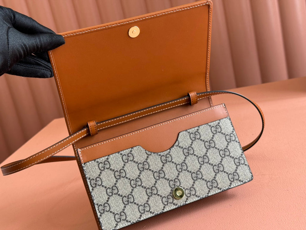 Gucci Emblem Mini Shoulder Bag Beige Brown Canvas Leather 244486
