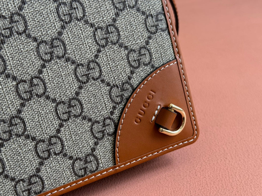 Gucci Emblem Mini Shoulder Bag Beige Brown Canvas Leather 244486