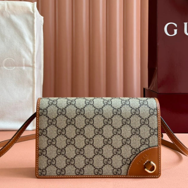 Gucci Emblem Mini Shoulder Bag Beige Brown Canvas Leather 244486