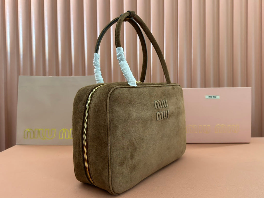 BEAU TOP HANDLE BAG 34 IN COFFEE BROWN SUEDE EMBOSSED LOGO