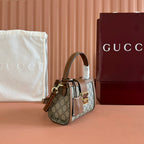 GG Padlock Small Top Handle Bag Beige Brown Leather Canvas