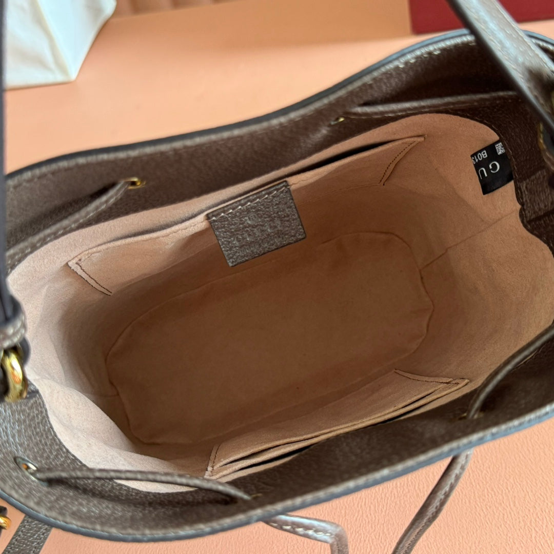 Ophidia Medium Bucket Bag 20.5cm Beige Brown Canvas Leather