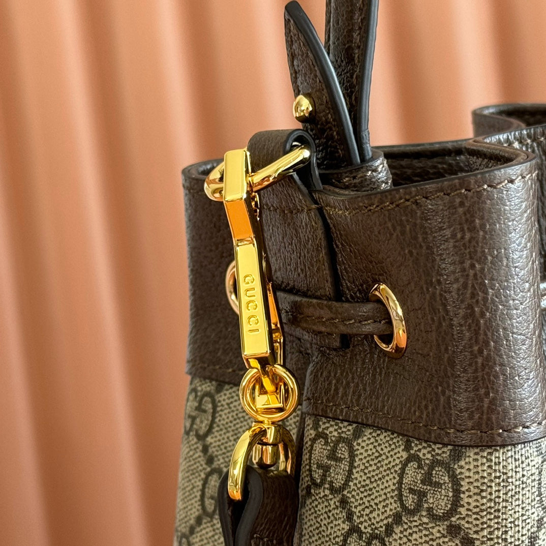 Ophidia Medium Bucket Bag 20.5cm Beige Brown Canvas Leather