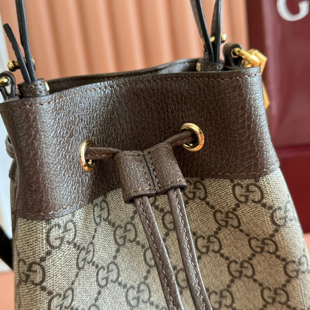Ophidia Medium Bucket Bag 20.5cm Beige Brown Canvas Leather