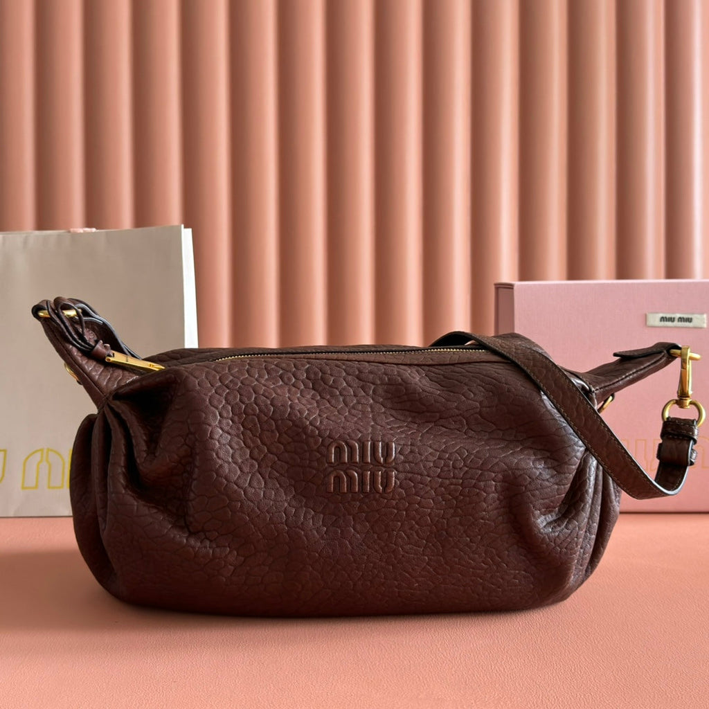 Miu 25ss Large Shoulderbag 40 Brown Embossed Lambskin