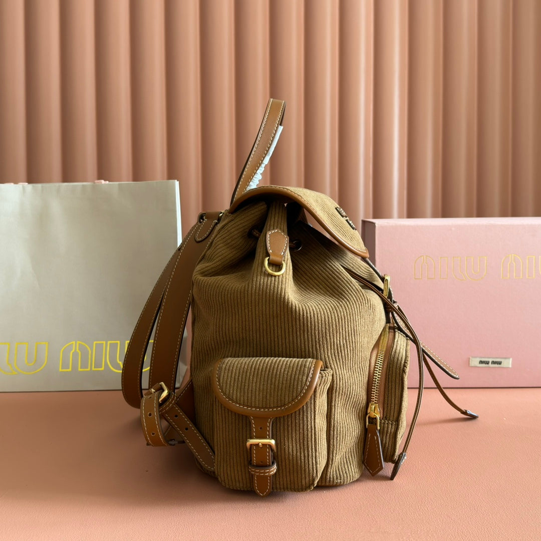 Miu Corduroy Backpack Brown Suede 273210